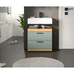 Hioshop Scout wastafel 2 deuren- 2 lades- 2 planken salvie decor- eiken decor