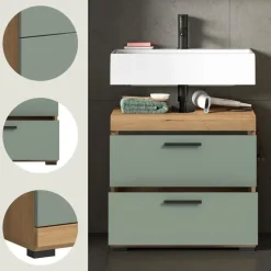 Hioshop Scout wastafel 2 deuren- 2 lades- 2 planken salvie decor- eiken decor