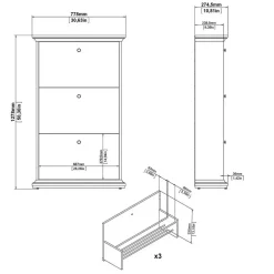 Hioshop Venedig schoenenkast met 3 klepdeuren mat grijs