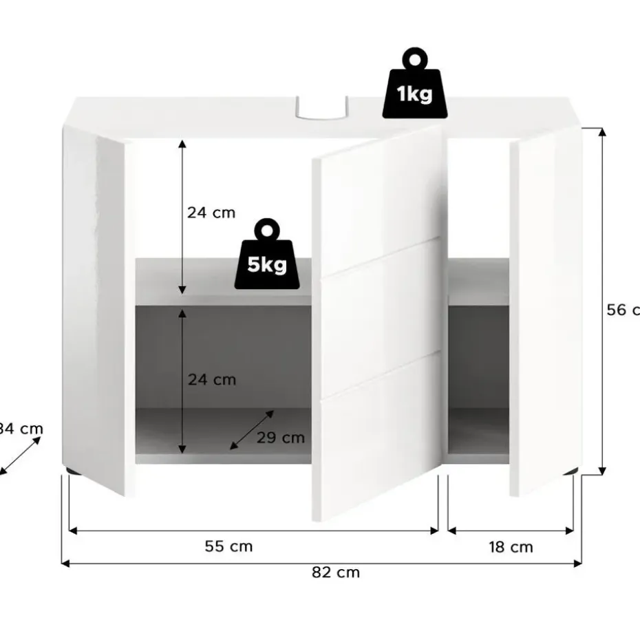 Hioshop Vira wastafel 3 deuren- 5 lades wit hoogglans- wit