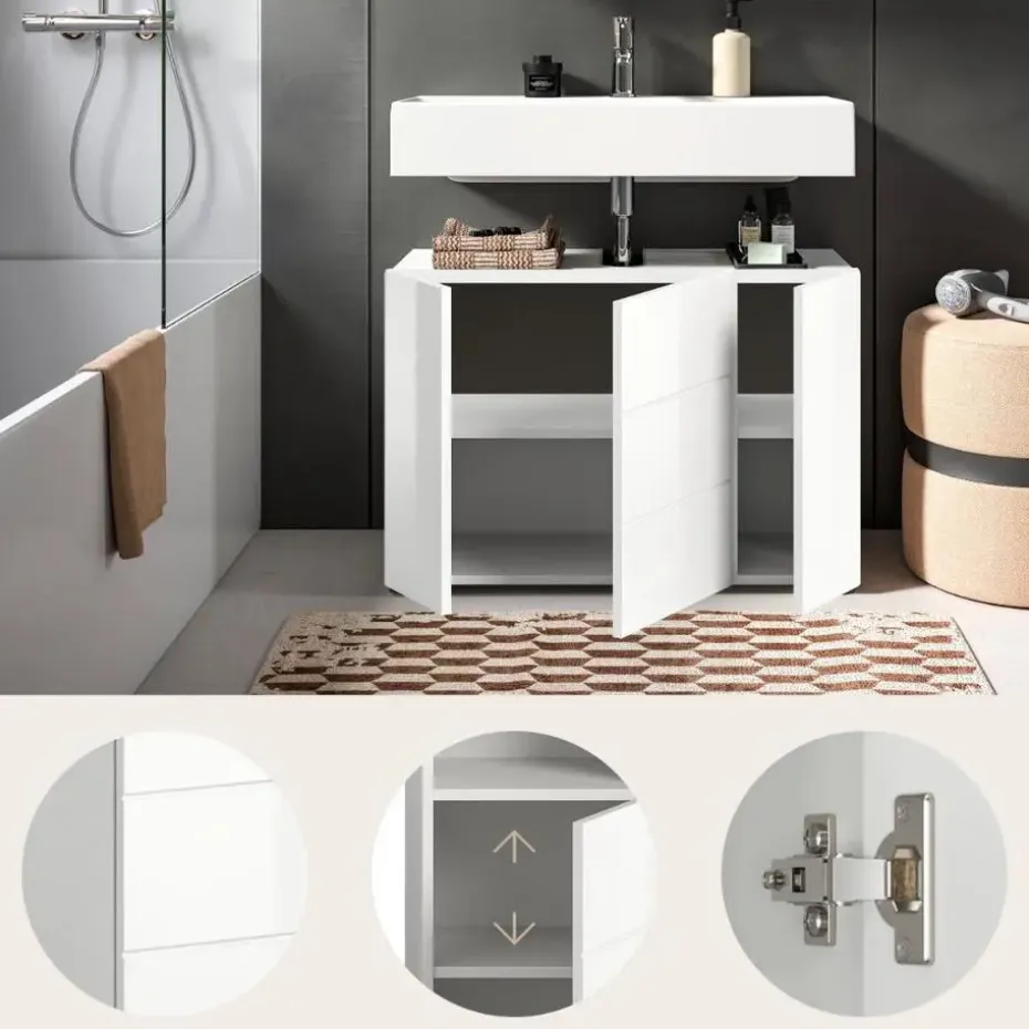 Hioshop Vira wastafel 3 deuren- 5 lades wit hoogglans- wit