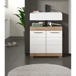 Hioshop Wave wastafel 2 deuren wit hoogglans- eiken decor