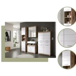 Hioshop Wave wastafel 2 deuren wit hoogglans- eiken decor