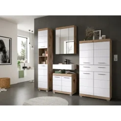 Hioshop Wave wastafel 2 deuren wit hoogglans- eiken decor