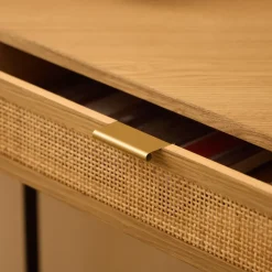 Hoekbureau van hout en rotan met 1 lade en metalen poten