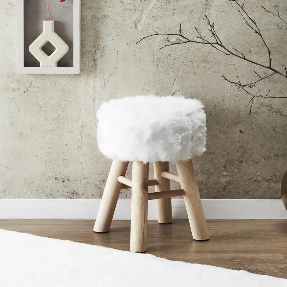 Home Deco Factory Bijzet krukje Pluche - dennenhout - 28 x 40 cm