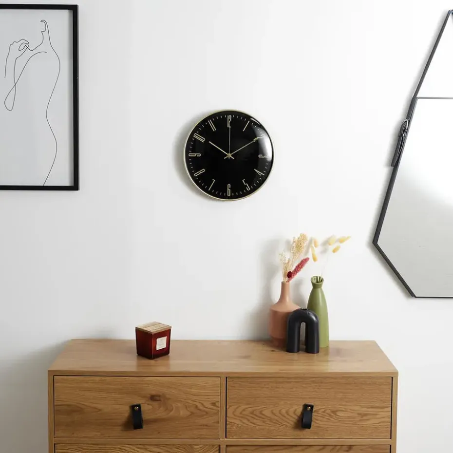 Home deco factory stille wandklok - goud/zwart - D30 cm -kunststof