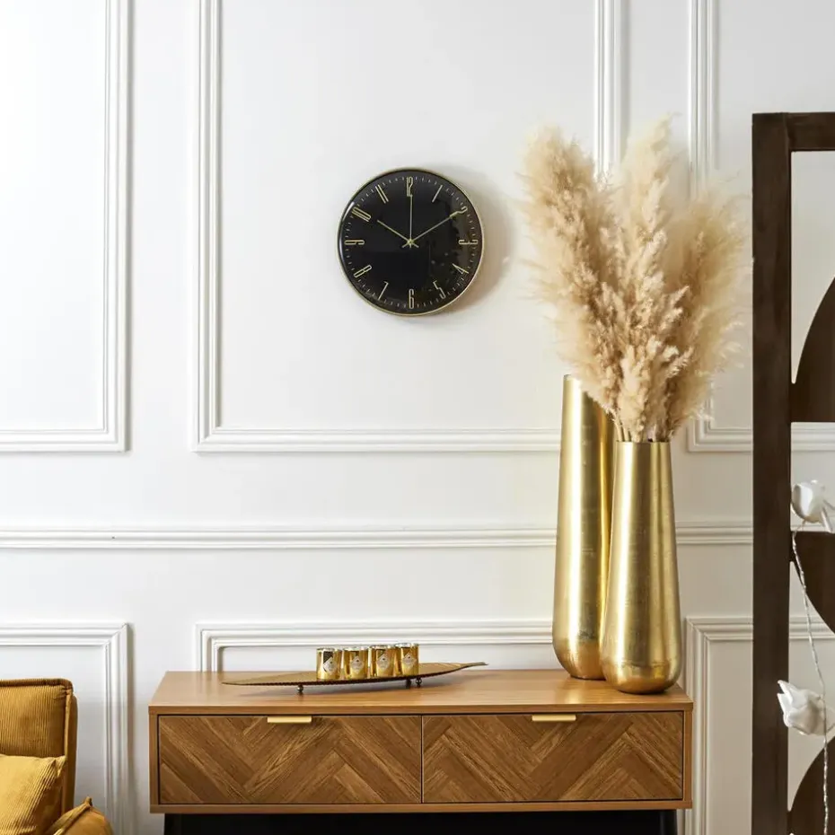 Home deco factory stille wandklok - goud/zwart - D30 cm -kunststof