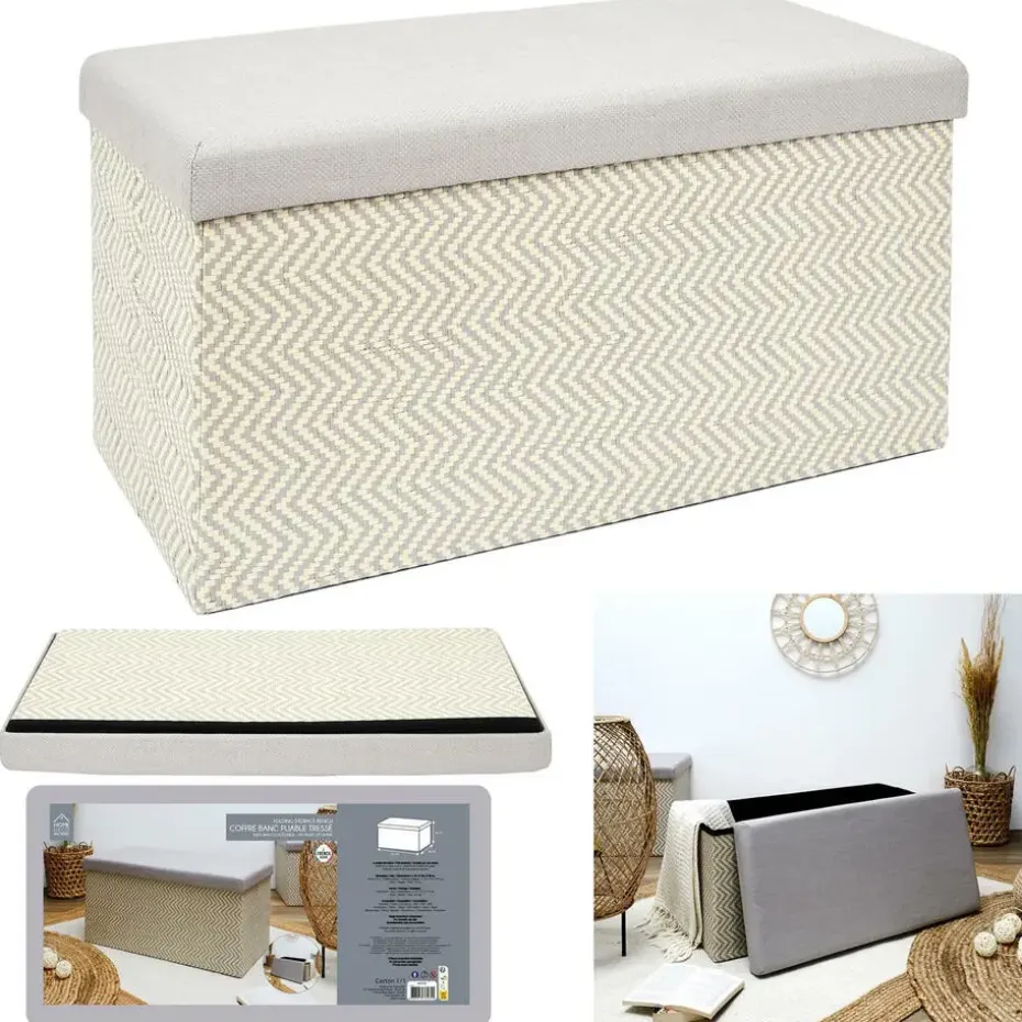 Home Deco Poef Fishbone - opbergbox - beige/grijs - 76 x 38 cm