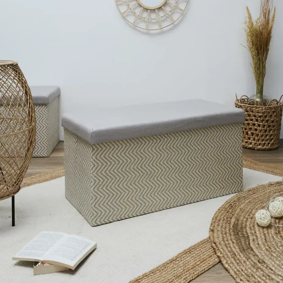 Home Deco Poef Fishbone - opbergbox - beige/grijs - 76 x 38 cm