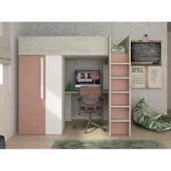 Hoogslaper Beau 90x200 met bureau & kast - oudroze