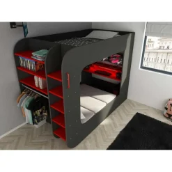 Hoogslaper Graham met gamebureau 120x200cm - antraciet/rood