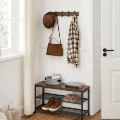 Houten Wandkapstok met 10 Haken - Compacte Muur Kapstok - Vintage Bruin / Zwart