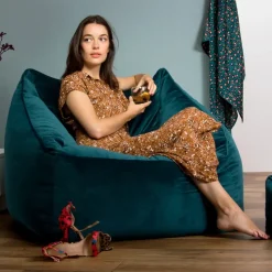 icon Zitzak en XL Poef Natalia - Fluwelen Zitzak - Blauwgroen