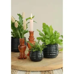 Ideas4seasons Plantenpot ribbel - zwart - D14 x H10 cm