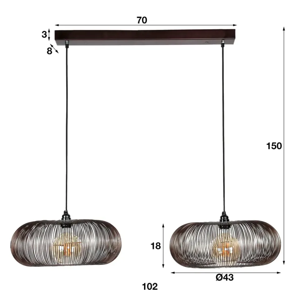 Industriële hanglamp Jill 2-lichts koper bruin - 43x102x150 cm - Nikkel - Zwart