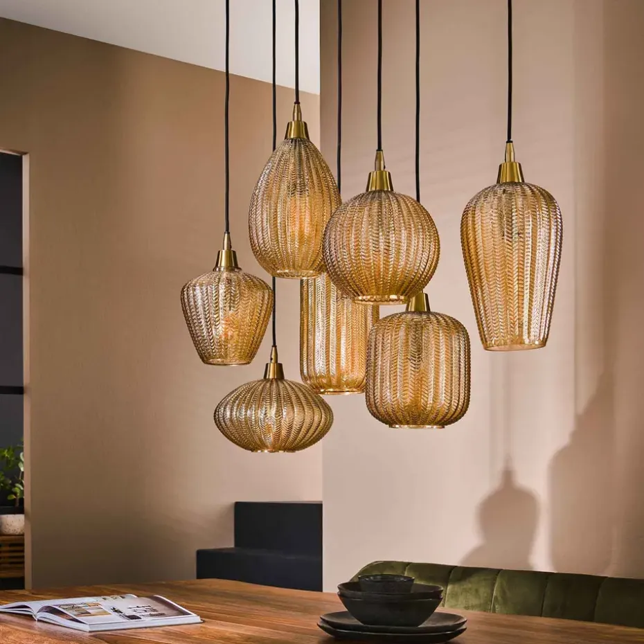 Industriële hanglamp Olaf amber 7-lichts glas - 38x95x150 cm - Amber color glas