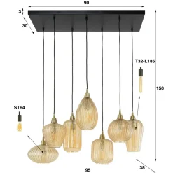Industriële hanglamp Olaf amber 7-lichts glas - 38x95x150 cm - Amber color glas