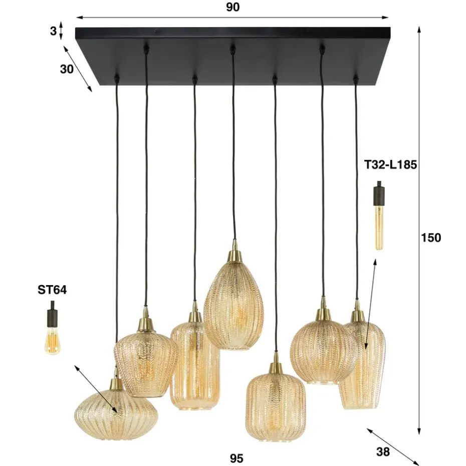 Industriële hanglamp Olaf amber 7-lichts glas - 38x95x150 cm - Amber color glas
