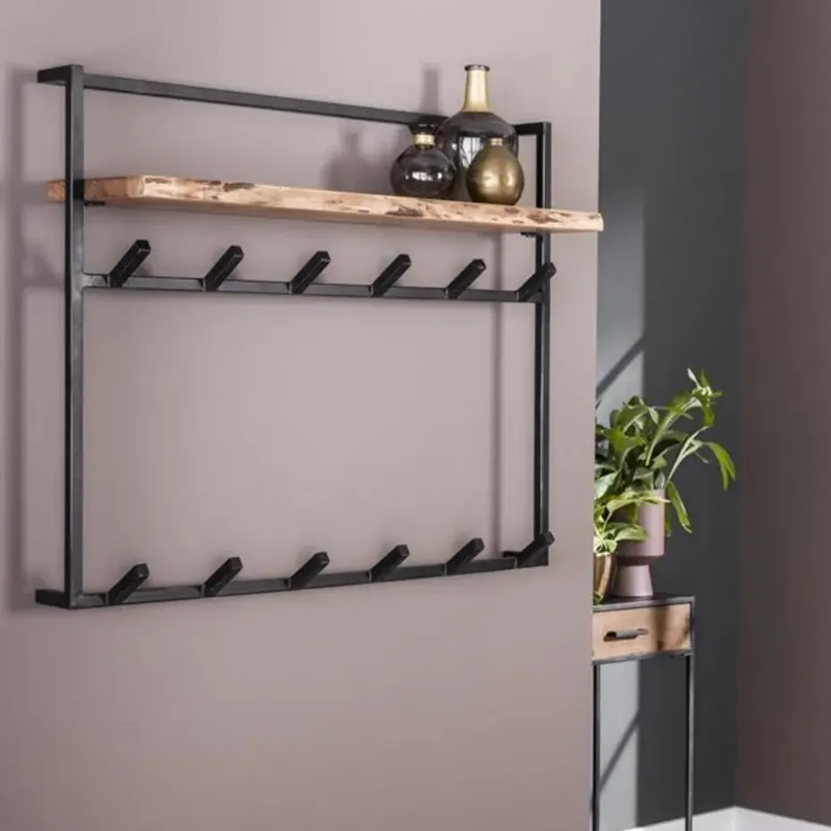 Industriële kapstok Naomi 12 haken acaciahout metaal 30x100x80 cm Hout