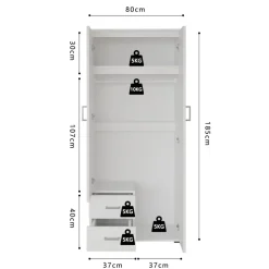 Interiax Kledingkast 'Lena' - Wit - 2 Deurs - 185x80x52cm