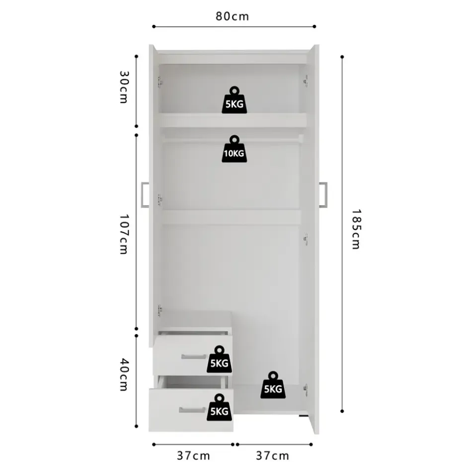 Interiax Kledingkast 'Lena' - Wit - 2 Deurs - 185x80x52cm