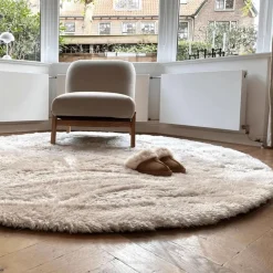 Interieur05 Rond Hoogpolig vloerkleed Odelia beige/wit - 160 x 160 cm