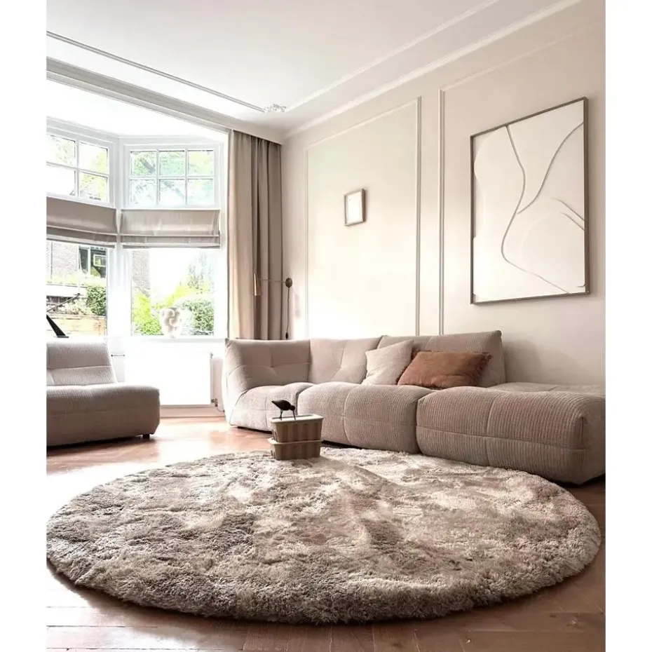 Interieur05 Rond Hoogpolig vloerkleed Odelia beige/wit - 200 x 200 cm