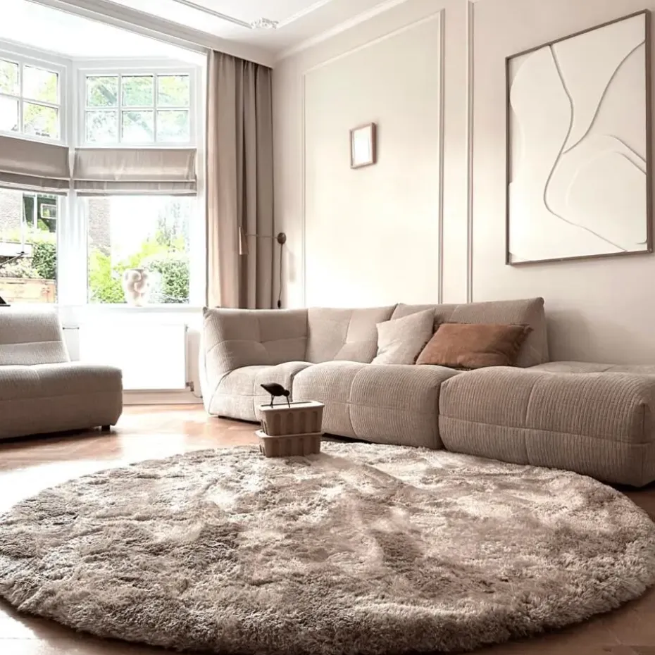 Interieur05 Rond Hoogpolig vloerkleed Odelia beige/wit - 200 x 200 cm