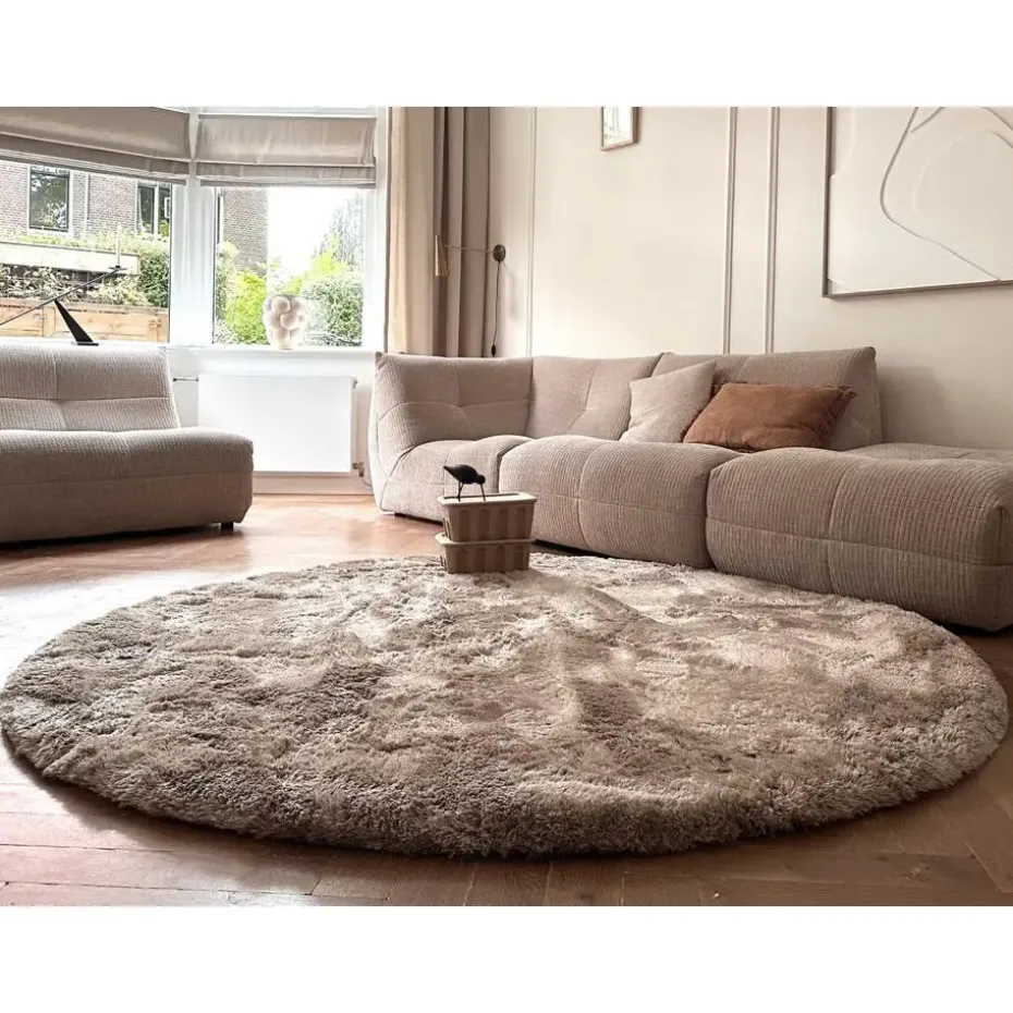 Interieur05 Rond Hoogpolig vloerkleed Odelia beige/wit - 200 x 200 cm