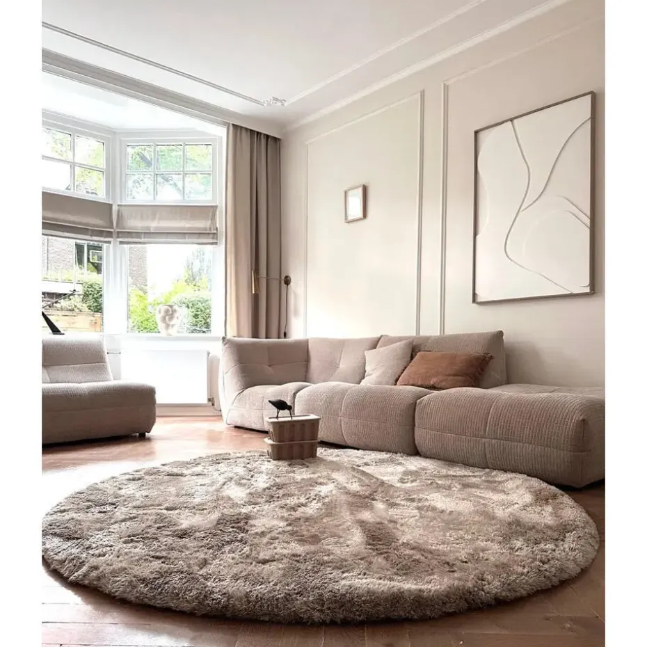 Interieur05 Rond Hoogpolig vloerkleed Odelia beige/wit - 200 x 200 cm