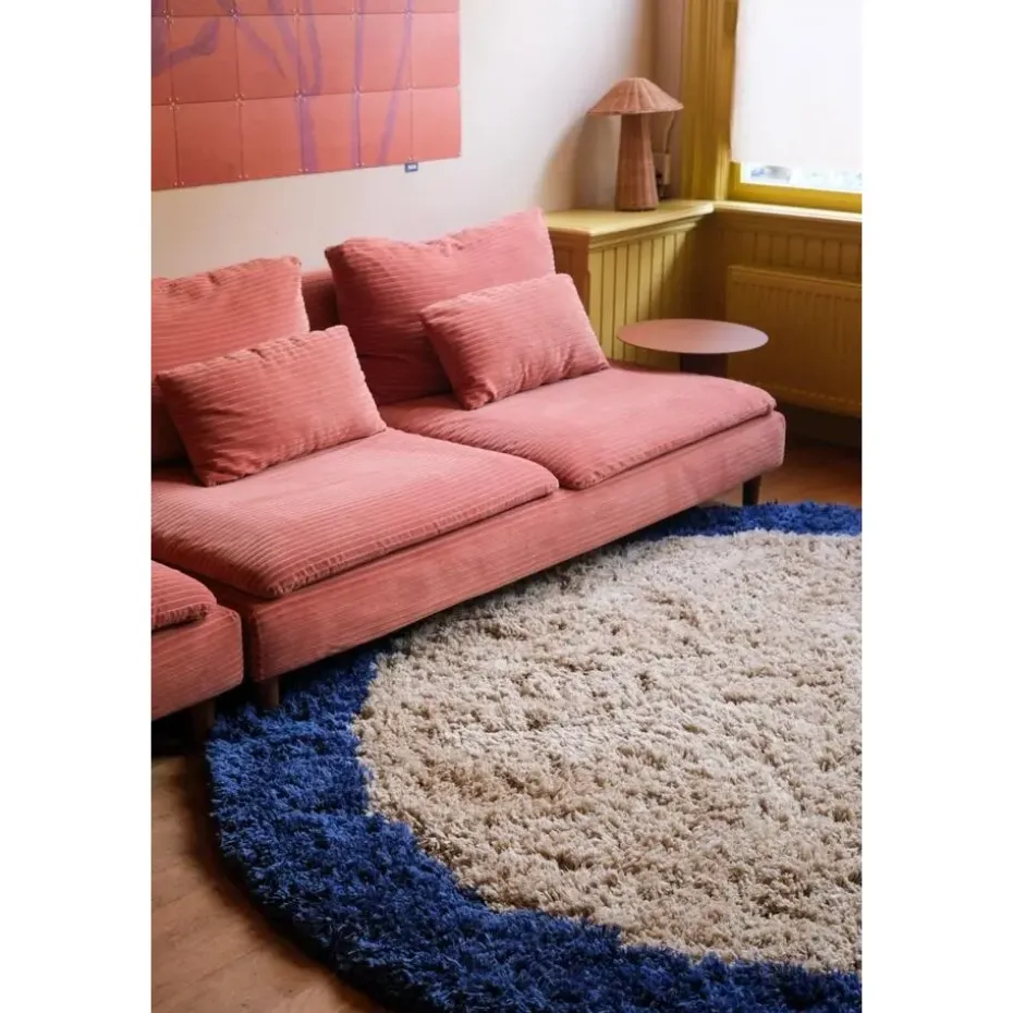 Interieur05 rond hoogpolig vloerkleed polyester Pilo beige/blauw - 240 x 240 cm