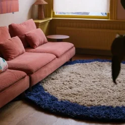 Interieur05 rond hoogpolig vloerkleed polyester Pilo beige/blauw - 240 x 240 cm