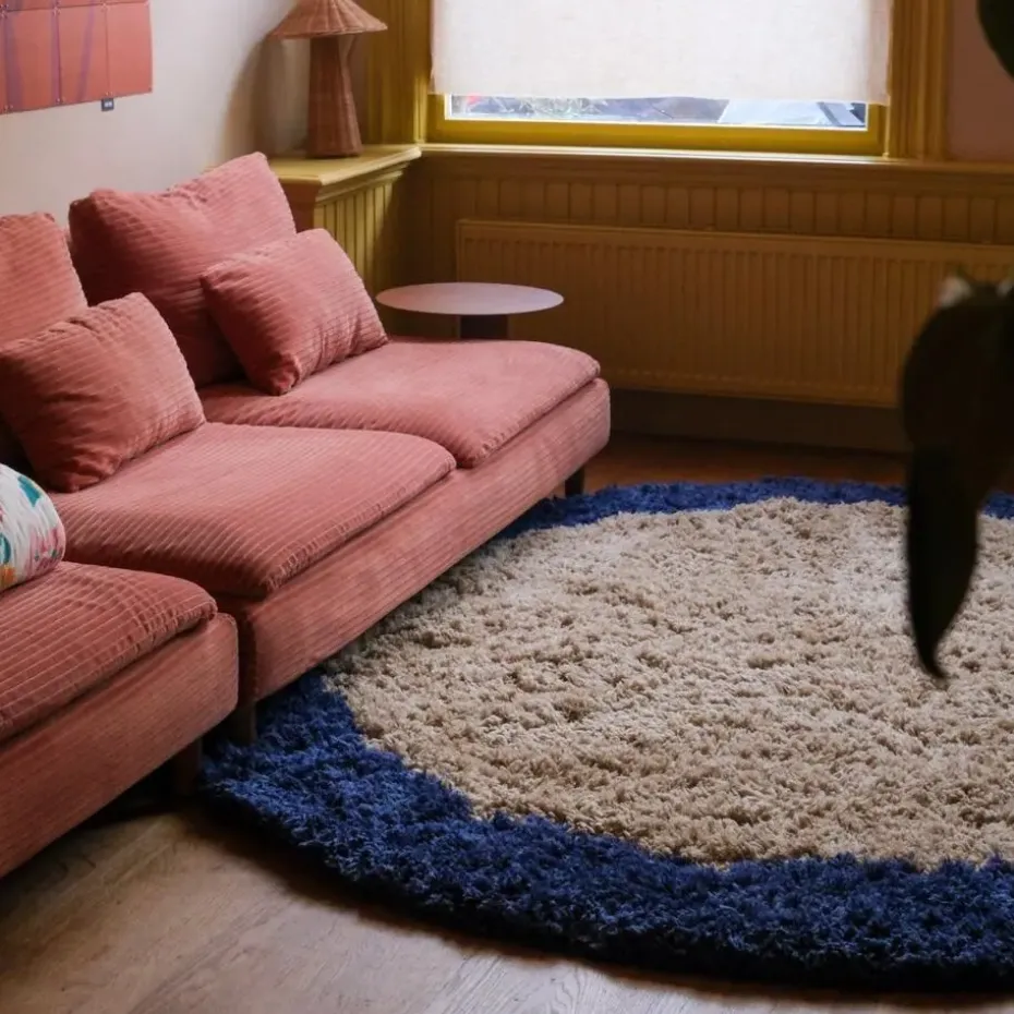 Interieur05 rond hoogpolig vloerkleed polyester Pilo beige/blauw - 240 x 240 cm