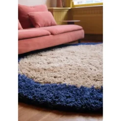 Interieur05 rond hoogpolig vloerkleed polyester Pilo beige/blauw - 240 x 240 cm