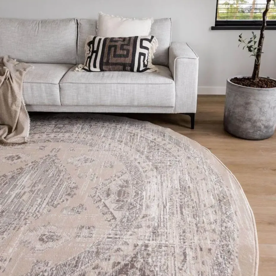 Interieur05 rond vintage Aila vloerkleed zand/beige - 190 x 190 cm