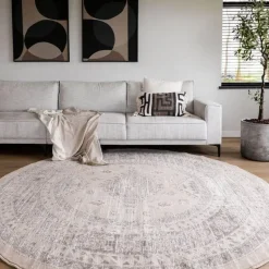 Interieur05 rond vintage Aila vloerkleed zand/beige - 120 x 120 cm