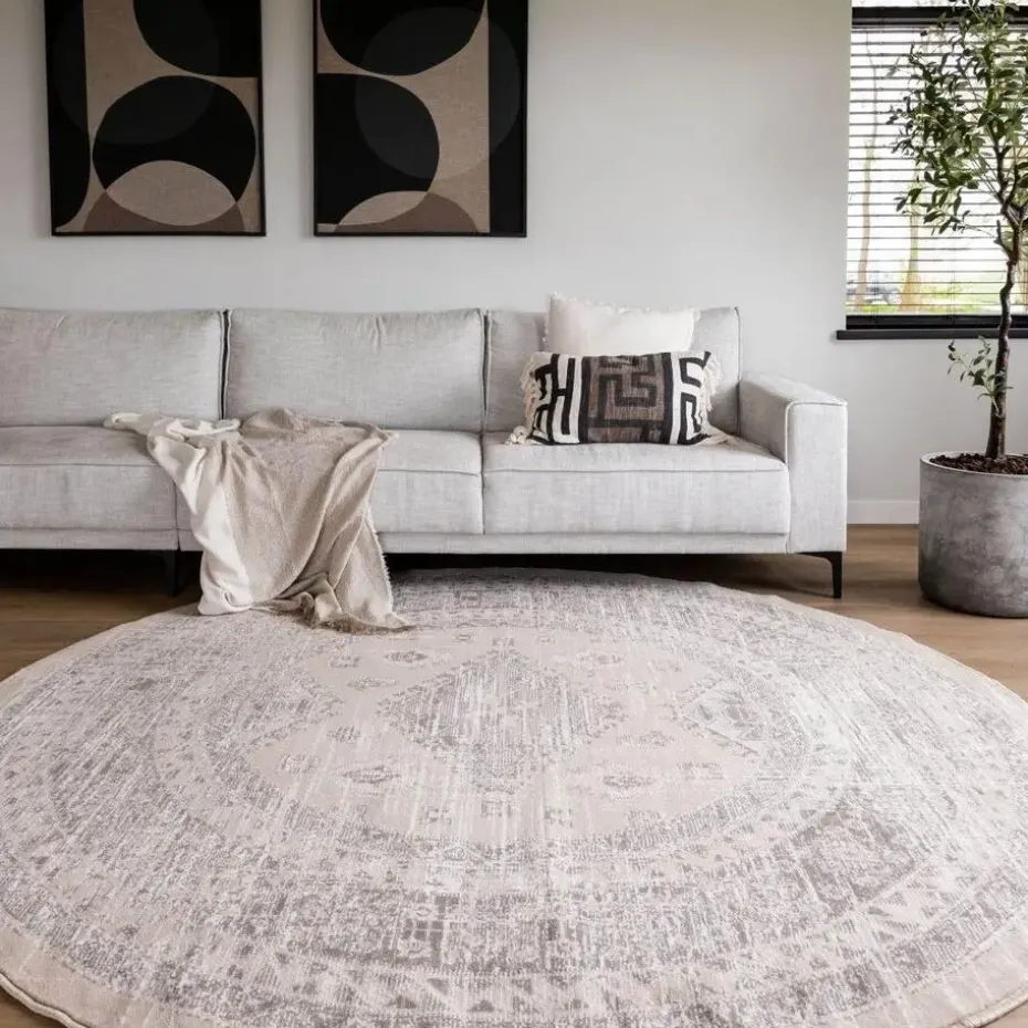 Interieur05 rond vintage Aila vloerkleed zand/beige - 160 x 160 cm
