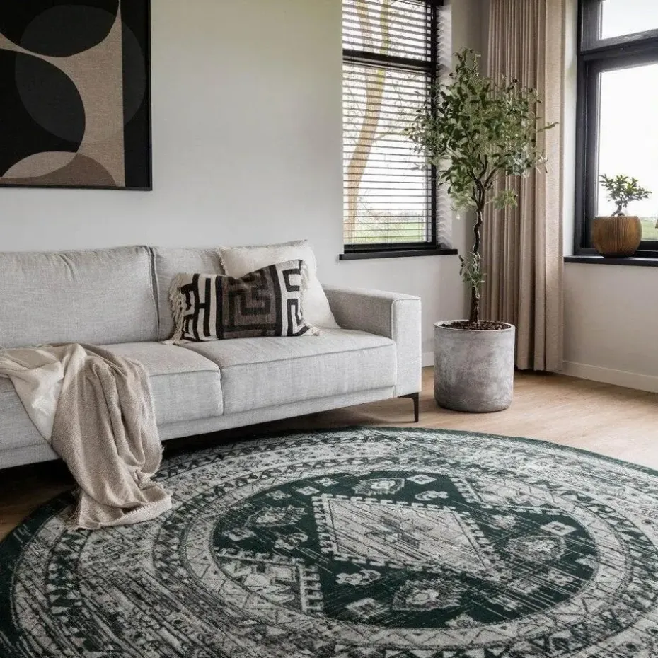 Interieur05 rond vintage vloerkleed Aila groen - 120 x 120 cm