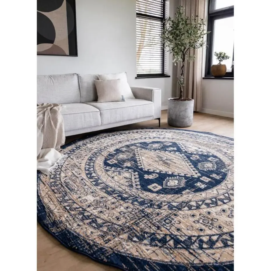 Interieur05 rond vintage vloerkleed Aila blauw - 160 x 160 cm