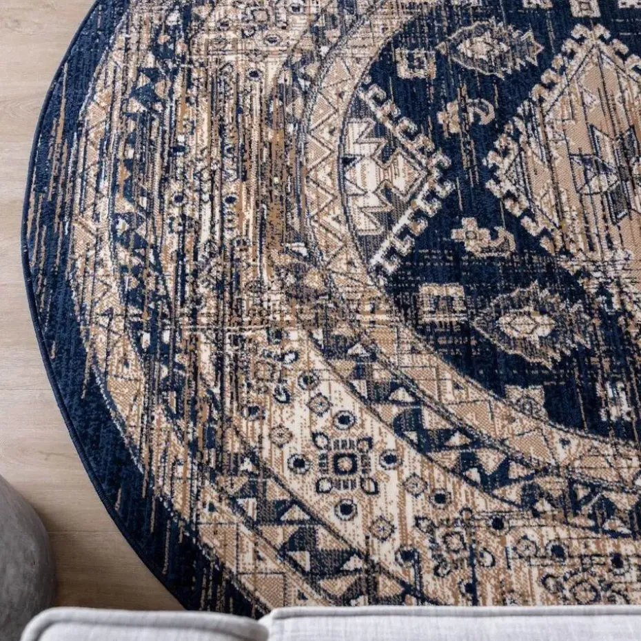 Interieur05 rond vintage vloerkleed Aila blauw - 120 x 120 cm