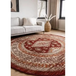 Interieur05 rond vintage vloerkleed Aila rood/oranje - 190 x 190 cm