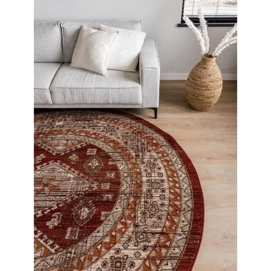 Interieur05 rond vintage vloerkleed Aila rood/oranje - 190 x 190 cm