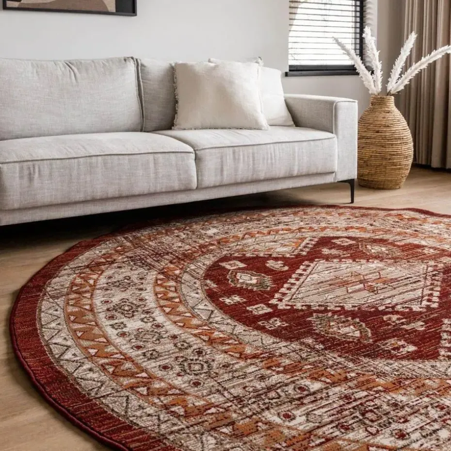 Interieur05 rond vintage vloerkleed Aila rood/oranje - 190 x 190 cm