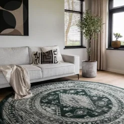 Interieur05 rond vintage vloerkleed Aila groen - 240 x 240 cm