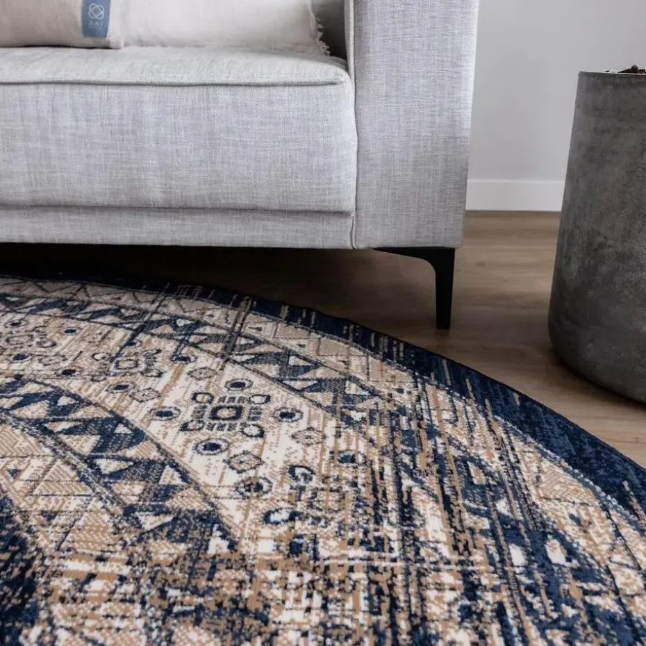 Interieur05 rond vintage vloerkleed Aila blauw - 190 x 190 cm