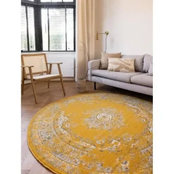 Interieur05 rond vloerkleed Keshan geel - 190 x 190 cm