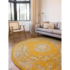 Interieur05 rond vloerkleed Keshan geel - 190 x 190 cm