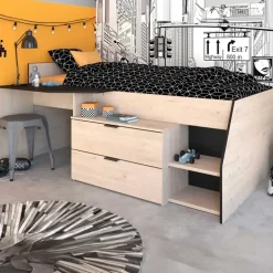 Kajuitbed Milky met bureau en lades - zwart/eik