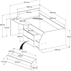 Kajuitbed Milky met bureau en lades - zwart/eik